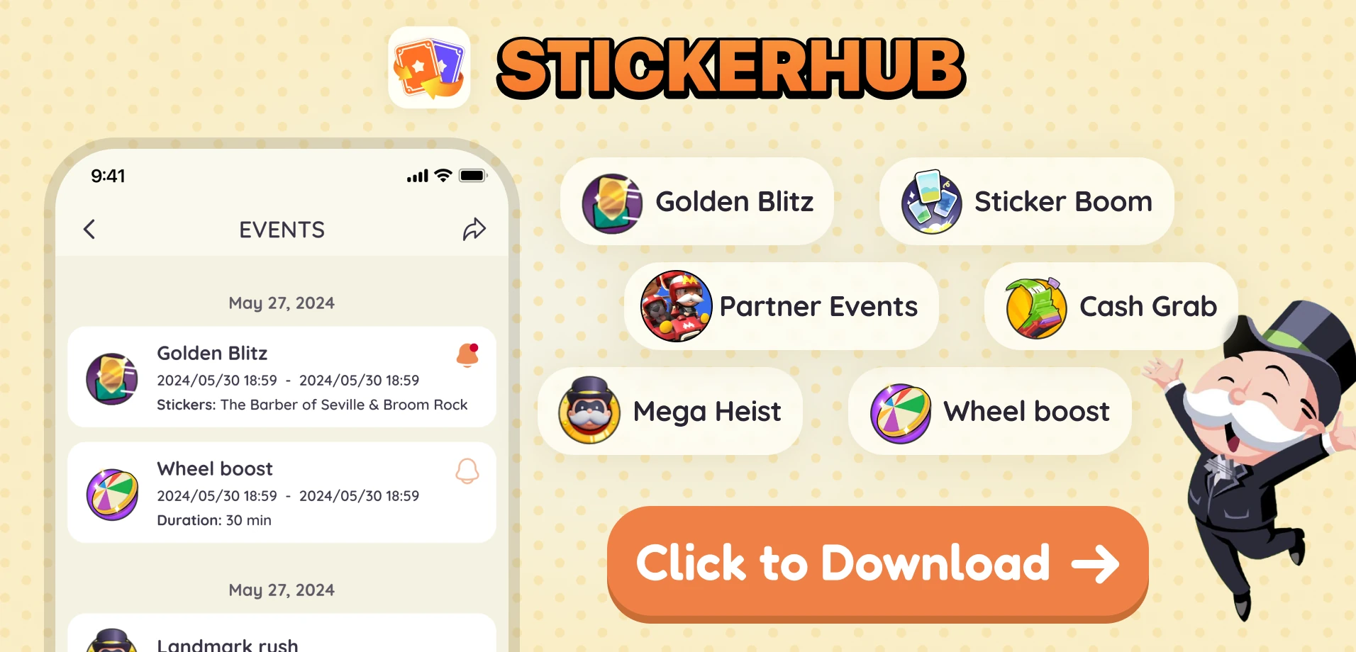 Download StickerHub to trade Monopoly Go stickers and find good teammates through the partner-finding feature.