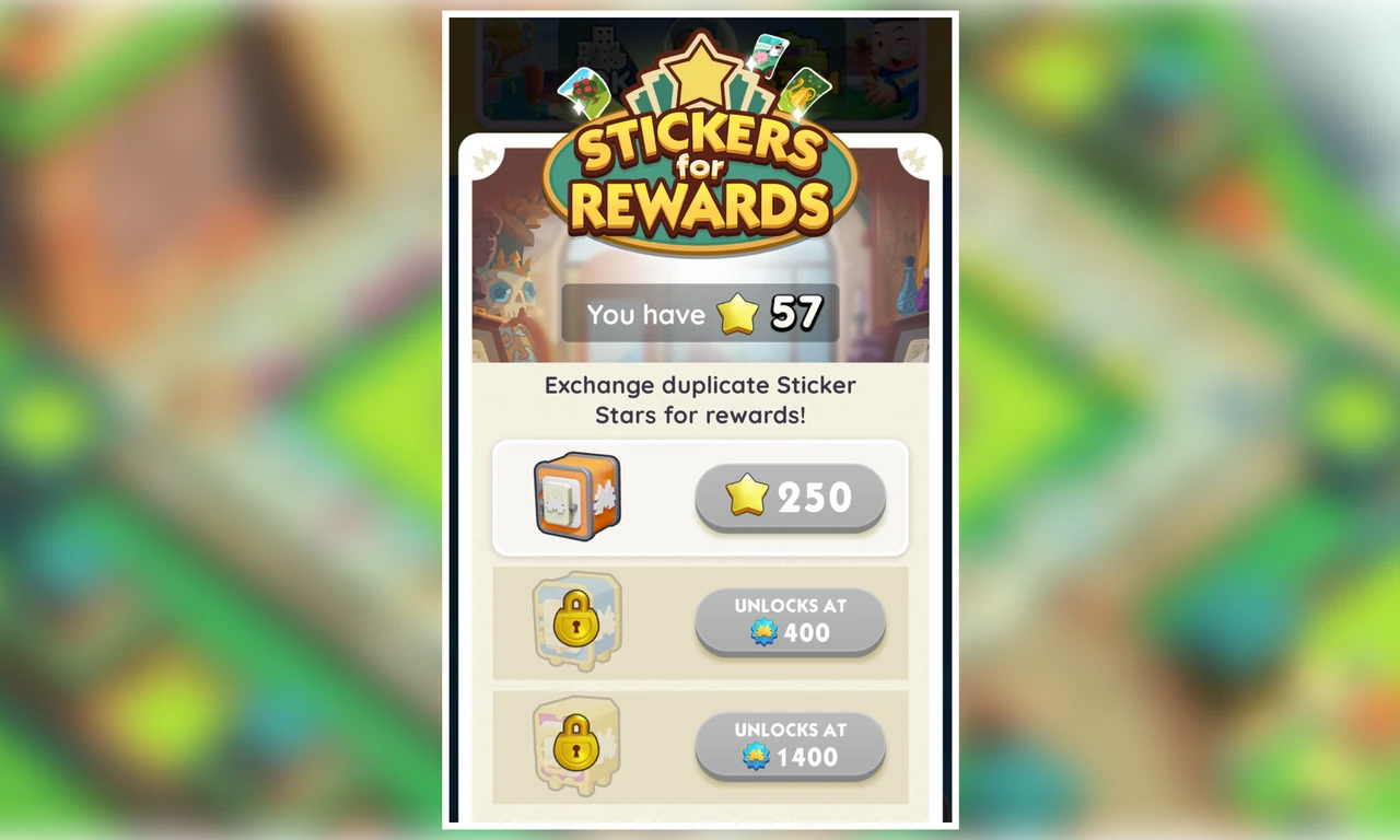 Exchange duplicate sticker stars for rewards, including three vaults with dice, sticker packs and other rewards.