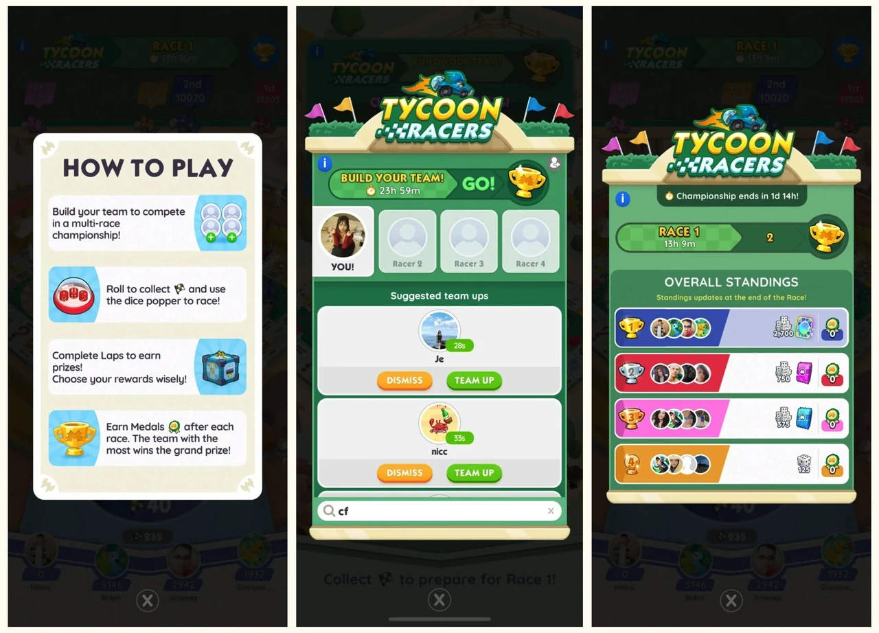 Preview of Monopoly Go Tycoon Racers Event process. Show how to play Tycoon Racers and the overall team rewards.